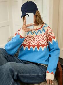 Femmeiva 1pc Nomadic Style Loose Fit Half-Turtleneck Colorblock Pullover Sweater, Knit Pullover Fall Winter - Blue - View 6