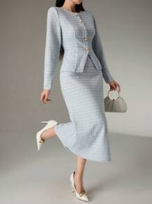 Heiryn 2pcs Set: Women Elegant Front Button Cinched Waist Top And Fish Tail Hem Skirt, Autumn 2 Pieces Set