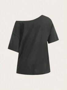 SHEIN Essnce Camiseta holgada de color gris oscuro de estilo minimalista casual, adecuada para el verano, para mujeres