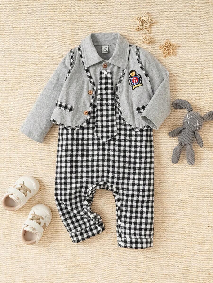 SHEIN 1pc Baby Boys' Gentleman Academy Style Badge Fake Two Plaid Long Sleeve Jumpsuit, Suitable For Daily Wear, Fall/Winter - Multicolor - View 1