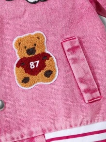 Young Girl Vintage American Style Street Fashion Colorblock Striped Ribbed Teddy Bear Letter Embroidery Collar Long Sleeve Pink Baseball Jacket