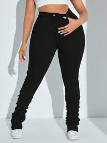 SHEIN SXY 大码女式破洞紧身羊毛牛仔裤，黑色，秋冬季时尚 - 黑色 - 查看 3