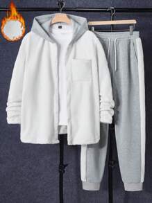 Manfinity Homme 2件套男士撞色口袋连帽夹克和运动裤休闲套装 - 卡其色 - 查看 1