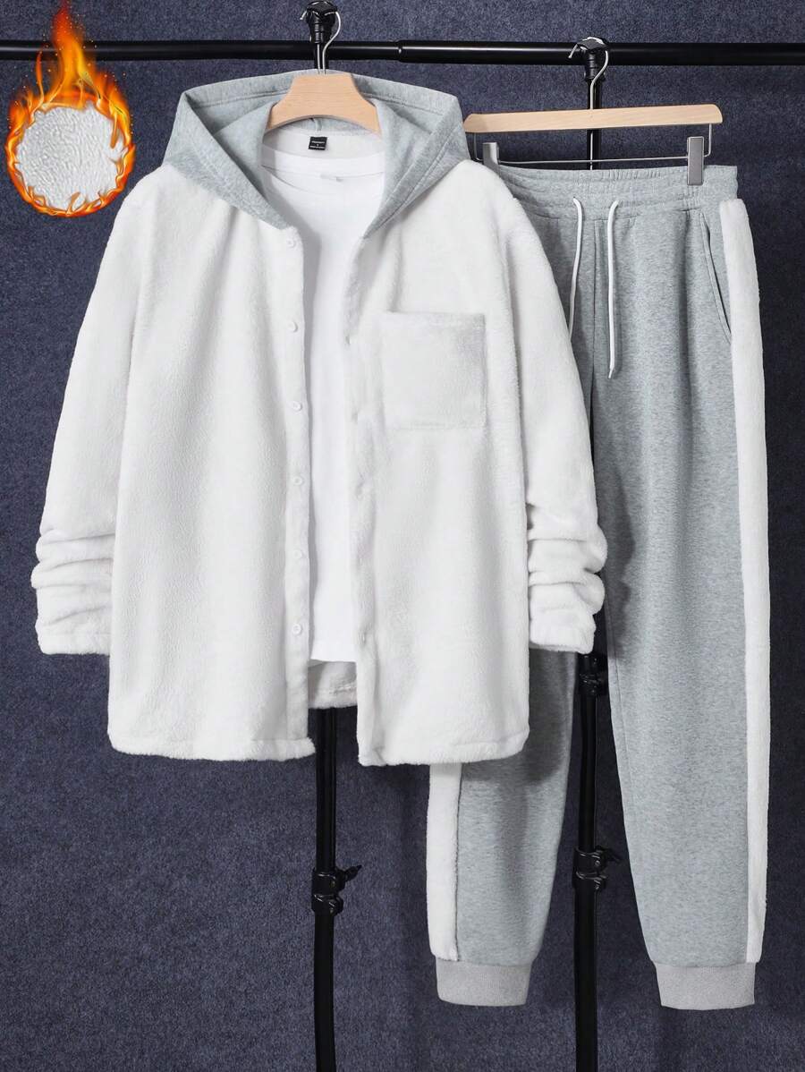 Manfinity Homme 2件套男士撞色口袋连帽夹克和运动裤休闲套装 - 卡其色 - 查看 1