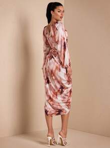 SHEIN BAE 女士优雅性感派对/约会连衣裙，垂坠领口，不对称下摆开衩，长袖，扎染色块印花缎面中长连衣裙，适合万圣节派对、秋冬季 - 彩色 - 查看 2