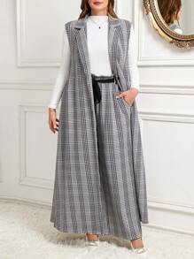 SHEIN Clasi Plus Size Women Plaid Lapel Sleeveless Long Jacket And Wide Leg Pants Casual Suit Set, Autumn