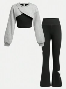 SHEIN Lunivi Set de 2 piezas de niña preadolescente con sudadera de punto y pantalones acampanados, con patrón bordado de estrellas, estilo informal y de Y2K, para otoño/invierno/primavera