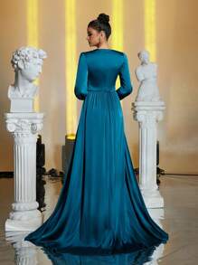 Glamrae Elegant Green Square Neck Lantern Sleeve Chest Pleated Maxi Mermaid Dress With Detachable Flounce, Formal Wear For All Occasions, Long Sleeve Prom Evening Dress, For Wedding Guest, Graduation, Dinner