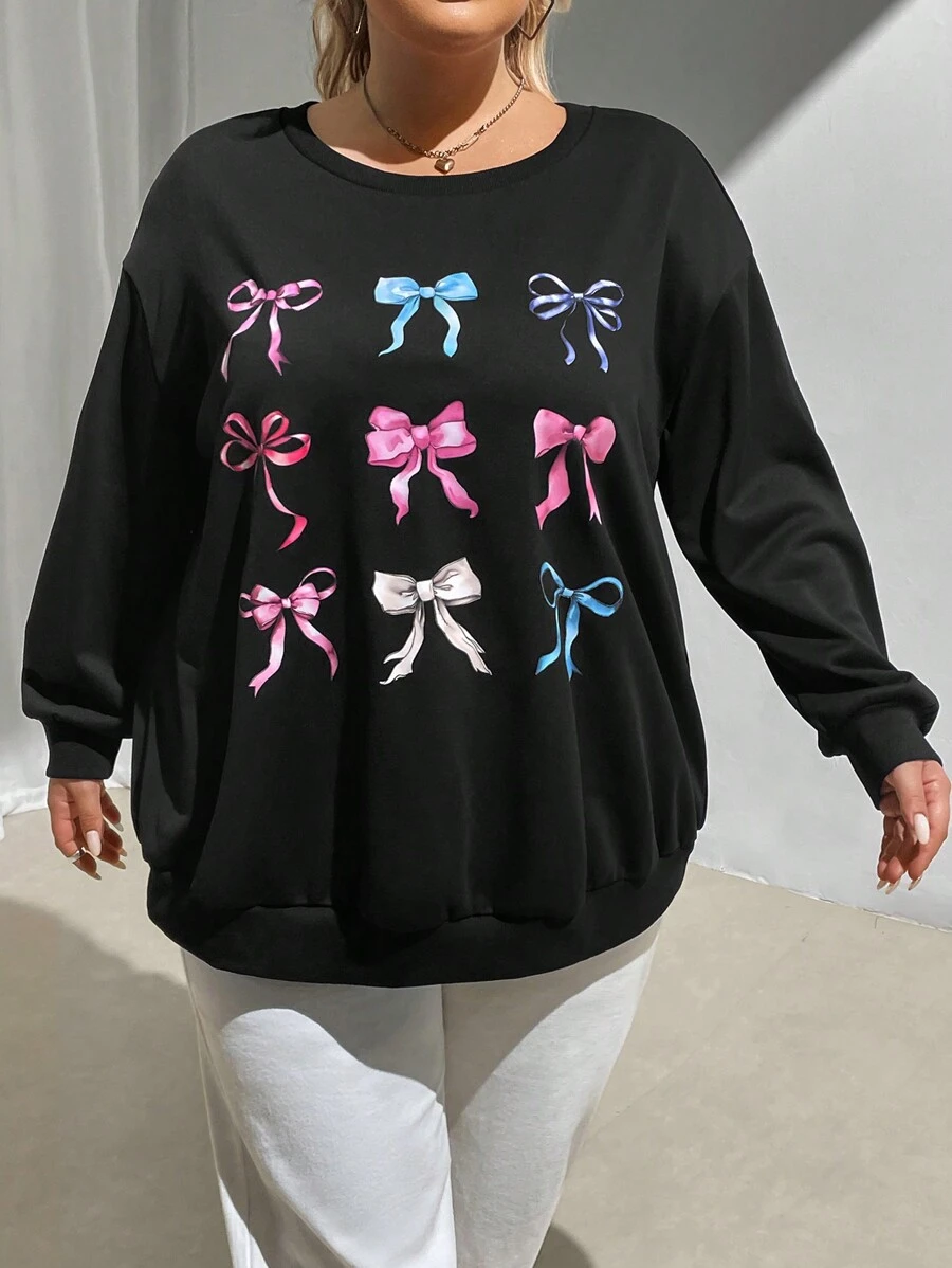 SHEIN CURVE+ Plus Size Black Sweatshirt With Butterfly Print And Bowknot - Black - View 1