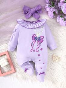 2 件装女婴秋冬可爱甜美拼色荷叶边领蝴蝶结、铃兰心形印花长袖连体衣 + 蝴蝶结头带套装、睡衣套装 - 淡紫色 - 查看 1