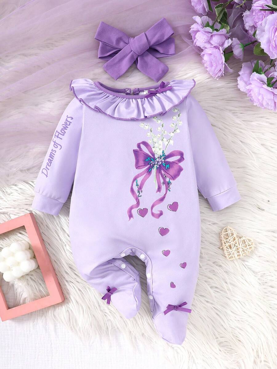 2 件装女婴秋冬可爱甜美拼色荷叶边领蝴蝶结、铃兰心形印花长袖连体衣 + 蝴蝶结头带套装、睡衣套装 - 淡紫色 - 查看 1