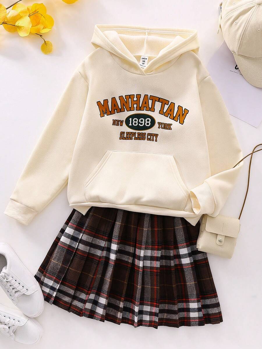 Tween Girls 2pcs Set - Contrast Color Print Hoodie Sweatshirt & Pleated Academy Style Skirt Fall Winter