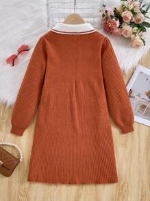 Váy len chắp vá cổ bèo nhún dễ thương cho bé gái tuổi mới lớn, màu cam rực rỡ, thích hợp cho đi học và đi chơi - trái cam - Xem 2