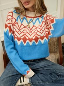 Femmeiva 1pc Nomadic Style Loose Fit Half-Turtleneck Colorblock Pullover Sweater, Knit Pullover Fall Winter - Blue - View 8