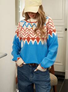 Femmeiva 1pc Nomadic Style Loose Fit Half-Turtleneck Colorblock Pullover Sweater, Knit Pullover Fall Winter - Blue - View 3