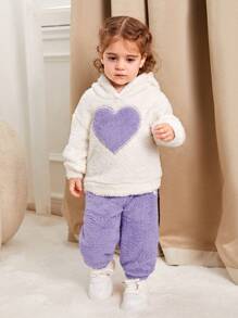SHEIN Playful Pals 女婴心形毛绒连帽运动衫和裤子套装，秋冬季保暖服装 - 彩色 - 查看 4