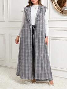 SHEIN Clasi Plus Size Women Plaid Lapel Sleeveless Long Jacket And Wide Leg Pants Casual Suit Set, Autumn