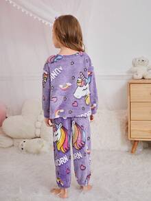 SHEIN Bộ đồ ngủ vải nỉ dài tay cổ tròn in chữ dễ thương cho bé gái/trẻ em, họa tiết kỳ lân hoạt hình, cầu vồng, mềm mại và thoải mái cho mùa thu/đông - Màu tím - Xem 2