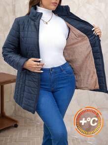 SHEIN Clasi 大码黑色保暖内衬拉链斜口袋连帽夹克，通勤装 - 藏蓝色 - 查看 3