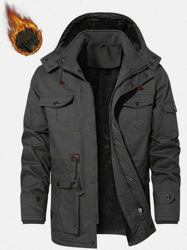 Manfinity Homme Abrigo con capucha acolchado y forro térmico, con bolsillo con solapa y cintura con cordón, para hombre, para otoño e invierno