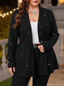 SHEIN Privé كارديجان كنزة صوفية محبوك مزين بالكسرات والغليتر ذو أكمام طويلة وياقة على شكل حرف V مناسب للمناسبات الرسمية والحفلات المسائية والأنيقة مثل حفلات الشاي بعد الظهر والمواعدة والحفلات الموسيقية ، مقاس كبير - الأسود - مشاهدة 6