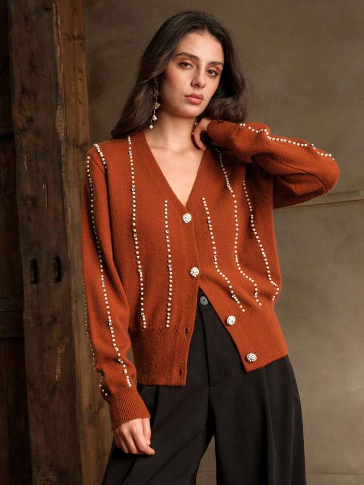1pc Women Front Button Closure Long Sleeve Faux Pearl Decor Minimalist Top, Casual Daily Wear