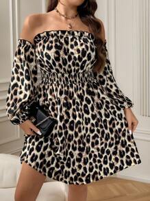 SHEIN Unity Vestido de manga larga con hombros descubiertos, volantes y estampado de leopardo, talla grande - Multicolor - Ver 5