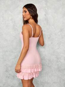 SHEIN SXY Fall Women Clothes;Pink Sweet Girl Ballerina Style Multi-Layer Ruffle Cake Skirt Dress With Bowknot Lace Spaghetti Strap Mini Dress Olid Color Party/Date Night/Party Mini Dress Sexy Elegant Mini Dress/Valentine's Day Dress/Homecoming Prom Dress