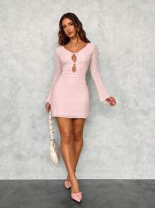 SHEIN SXY Fall Women Clothes;Elegant Sweet Pink Hollow-Out Lace Long Sleeve A-Line Mini Dress, Autumn/Winter Date Night/Party Mini Dress Sexy Elegant Mini Dress/Valentine's Day Dress/Homecoming Prom Dress - Pink - View 1