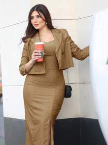 Modelyn Bộ vest xám cho nữ, Mùa thu, Trang phục công sở, Trang phục thường ngày thanh lịch Áo khoác blazer ngắn & Váy hai dây, Bộ trang phục công sở thường ngày cho công việc/công sở/trường học/Trang phục thường ngày thường ngày/buổi tối hoặc bất kỳ dịp trang trọng nào khác Bộ 2 món - Lạc đà - Xem 1