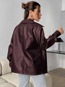 SHEIN Unity Women Solid Color PU Leather Zip-Up Casual Jacket, Autumn - Burgundy - View 2