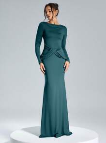 SHEIN Belle Autumn And Winter Women's Banquet Party Fashion Elegant Luxury Stretch Knit Asymmetric Collar Design Tight Waist Pleated Green Dress Formal Dress, Women's Autumn And Winter Formal Evening Dress, Party Banquet Christmas Can Be Worn, Prom Gown, For Wedding Guest, Graduation, Dinner