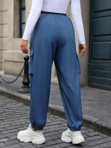 Calvaya Plus Size Pants, Denim Effect, Pockets, Tapered, Cargo Pants - Blue - View 2