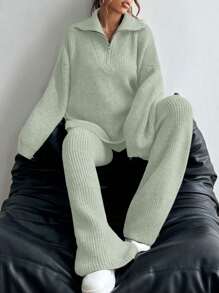 Flirla 2pcs Loose Casual Solid Color Collared Long Sleeve Top And Pants Knit Sweater Set - Green - View 5