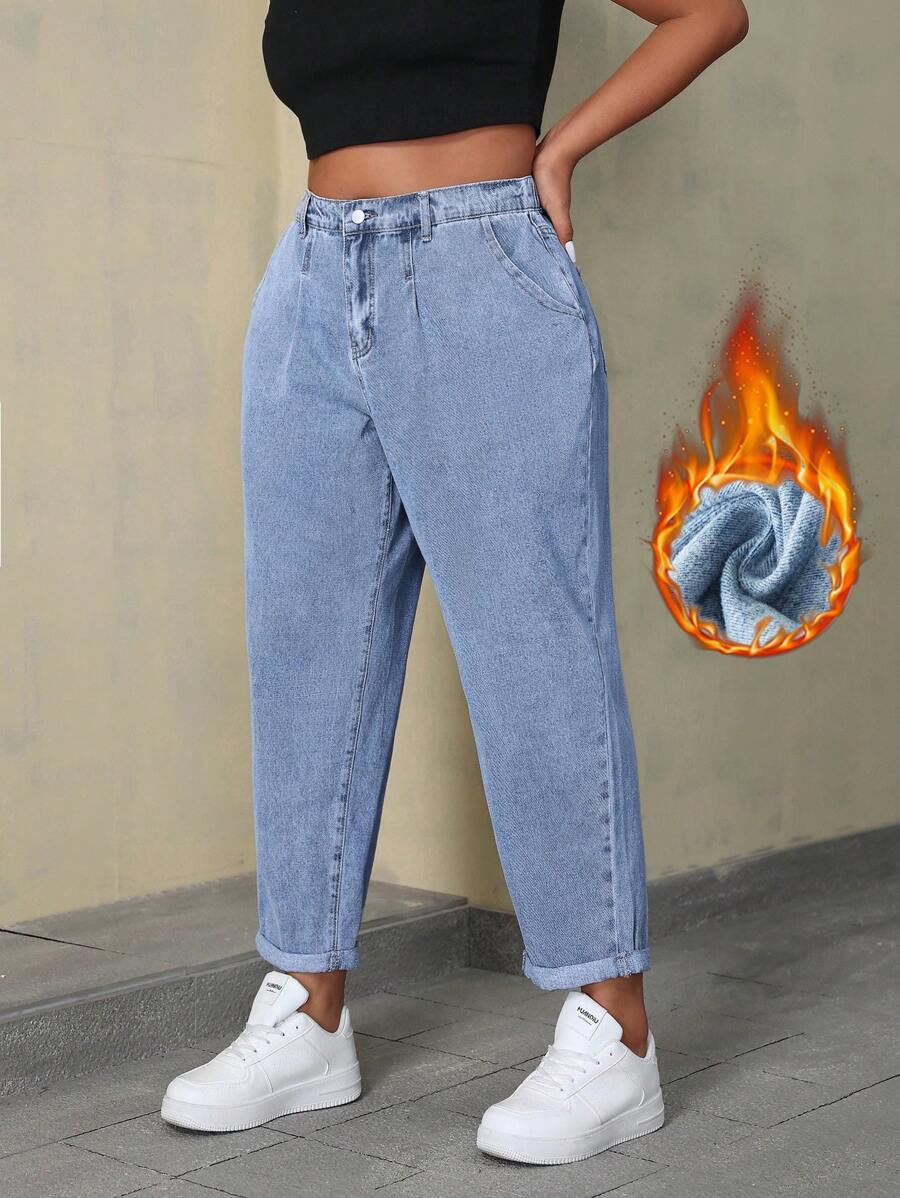 SHEIN EZwear Quần Jeans Co Giãn Lưng Cao Lót Nhiệt Size Lớn Cho Nữ Có Túi - Rửa nhẹ - Xem 1