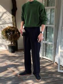 Claim Dot Men's Casual Minimalist Solid Color Half-Turtleneck Knitted Sweater, Autumn/Winter, Men Green Sweater, Men Pullover Sweater, Men Knit Sweater, Men Mock Neck Sweater, Men Ribbed Sweater - Green - View 7