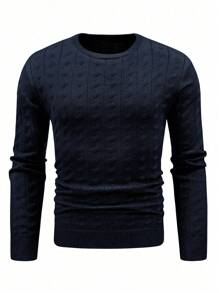 Manfinity Homme 男士纯色圆领休闲百搭长袖套头毛衣，适合秋冬 - 寶藍色 - 查看 6