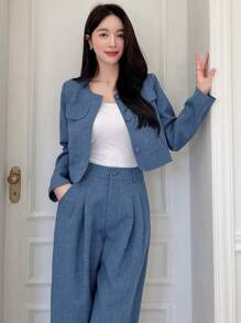 DAZY 女士两件套：圆领长袖短款外套和阔腿裤，秋季服装，返校季休闲套装