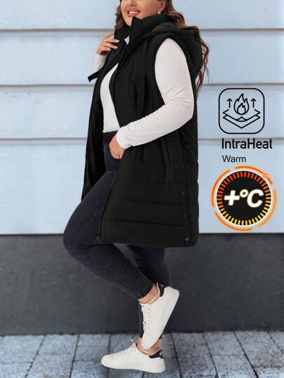 EMERY ROSE Plus Size Plain Hooded Padded Vest Jacket With Pockets, For Winter Fall Autumn