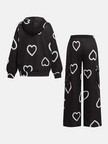 SHEIN Bộ 2 áo nỉ họa tiết trái tim cho bé gái, lớp lót nhung dày, áo hoodie thường ngày phong cách đường phố & quần ống rộng, cỡ lớn - màu đen - Xem 2
