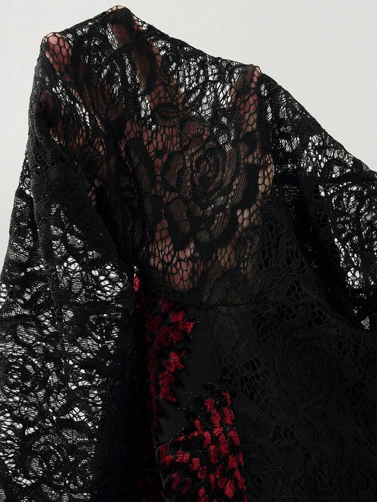 Vintage Floral Velvet Patchwork Lace Trim Dress Burgundy Maxi Women Outfit