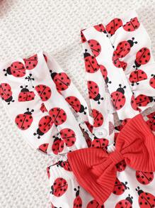 SHEIN Bộ đồ bé gái dễ thương in chữ hoạt hình cổ bèo nhún dài tay và nơ hoạt hình kèm băng đô, mùa thu/đông - Đỏ - Xem 6