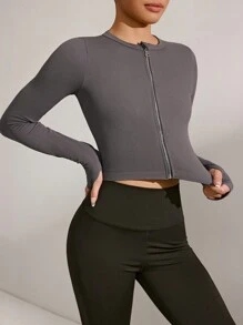 SHEIN Sports Women Solid Color Fitted Cropped Sports Jacket - Dark Grey - View 3