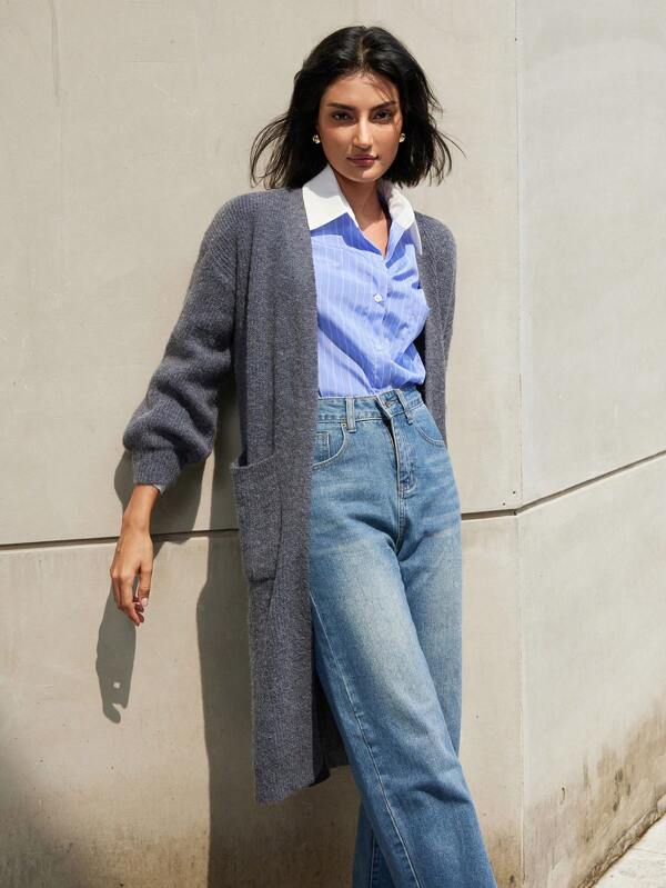SHEIN Privé Casual V-Neck Solid Color With Pockets Long Sleeve Long Cardigan Fall Cloth For Women