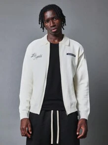 SUMWON Casual Zip Front Cardigan Sweater With Los Angeles City Embroidery Preppy College Style Letter Patch Urban Streetwear Spring Autumn Outerwear - Apricot - View 2