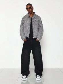 SUMWON Vintage Style Trucker Denim Jacket Frayed Hem Zip Front Casual Streetwear Spring Fall Outerwear Classic Cotton - Grey - View 6