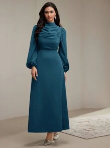 Modelyn 女士简约纯色优雅褶皱腰连衣裙，秋季长款晚礼服 - 水鴨藍 - 查看 7