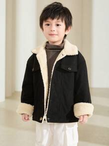 SHEIN 男小童羊絨領口翻蓋細節加絨內裏夾克無毛衣 - 黑色 - 查看 3
