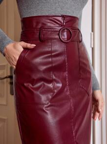 Vintamour Vintage Elegant Women High Waist PU Leather Pockets Bodycon Skirt With Belt Winter Women Clothes Thanksgiving Women Outfit Winter Outfits Women Skirts Christmas Women Clothes Christmas Outfits Christmas Skirt Christmas Clothes New Year Eve Skirt Thanksgiving Skirt Holiday Skirt Winter Skirt Red Skirt Burgundy Skirt Red Skirt Burgundy Skirt - Red - View 2