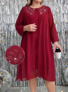 Plus Size Women's Elegant Wine Red Chiffon & Knit Sequin Trim 3/4 Sleeve Dress